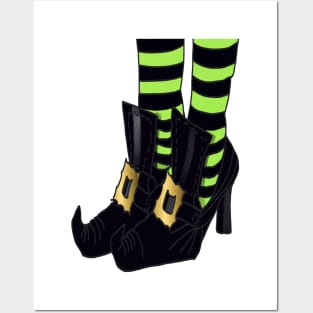 Witches Shoes with Lime Green and Black Stripe Sock Design Posters and Art